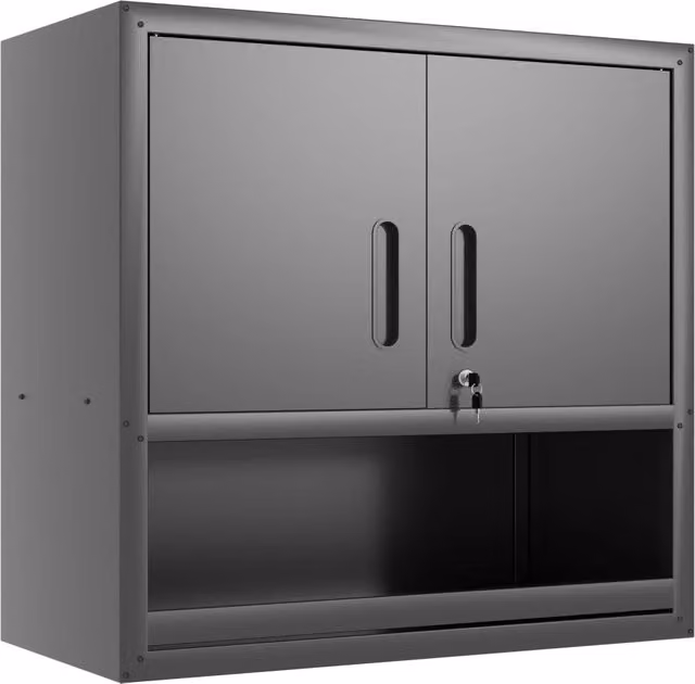 Armadio porta attrezzi da parete WISHDOR in metallo nero con 2 ante bloccabili, ripiano interno e cassetto aperto – 1