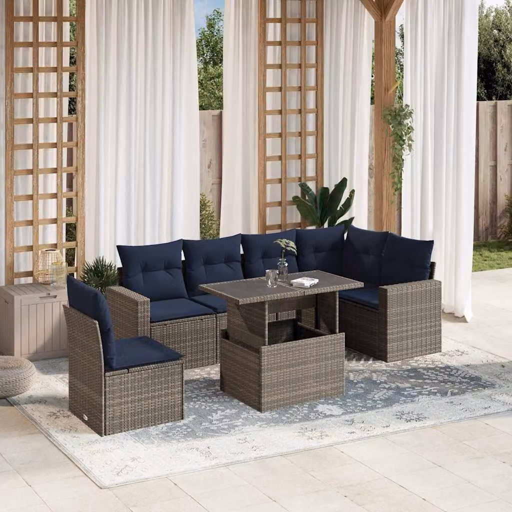 Set di divani da giardino vidaXL in polyrattan 7 pezzi con cuscini grigi e tavolino da esterno a forma di L