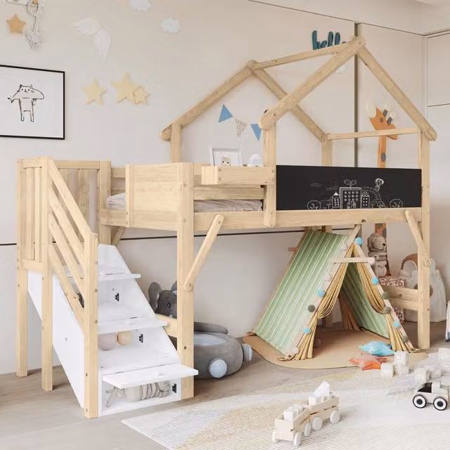 Letto a castello Mivray per bambini in stile scandinavo con struttura a casetta, scala con gradini e vani contenitori, colore bianco e legno di pino naturale, L/P/H: 204 x 120 x 157 cm