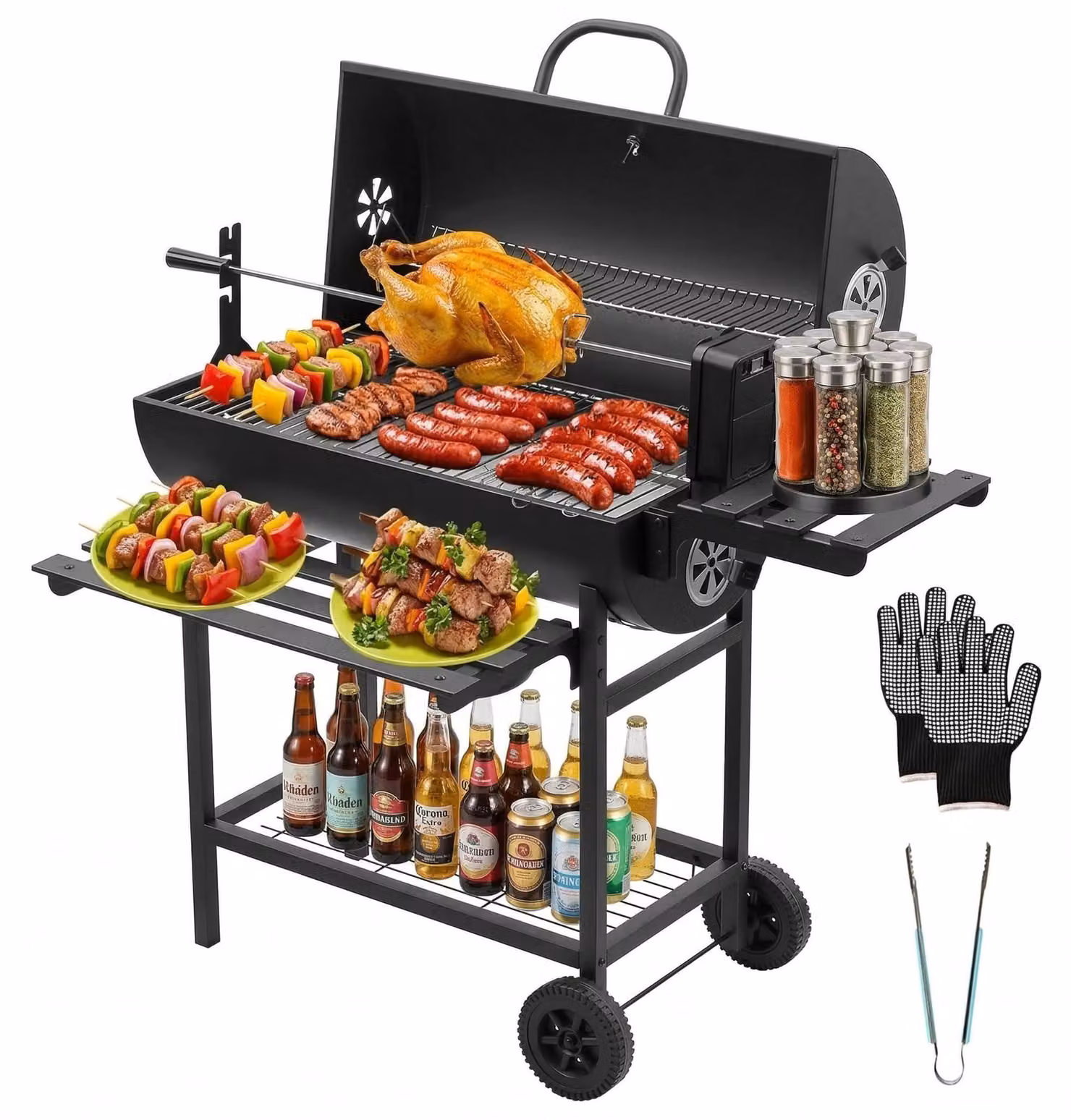 Barbecue a carbone XXL con termometro - Superficie di cottura di 2450 cm² - Acciaio al carbonio