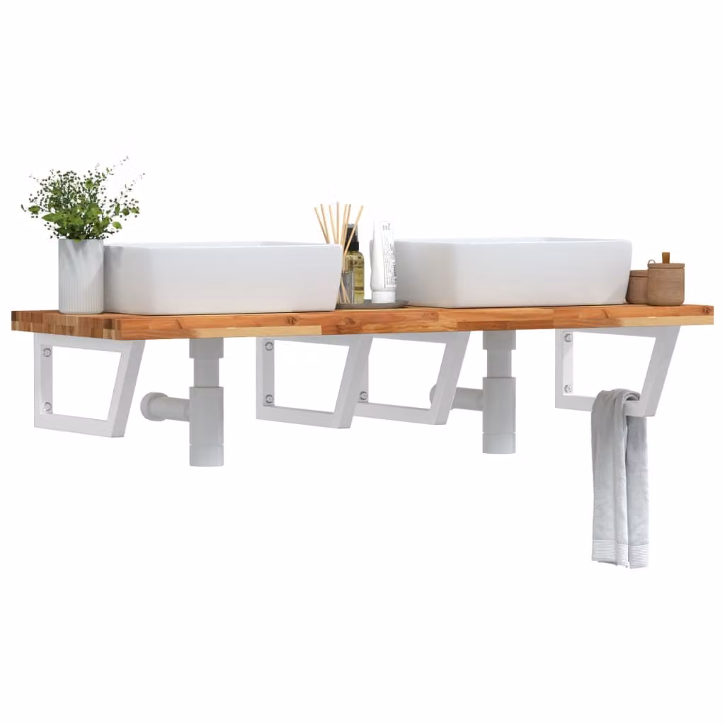 vidaXL Ripiano a Parete per Lavabo in Acciaio e Legno di Acacia Oliato, Bianco e Marrone
