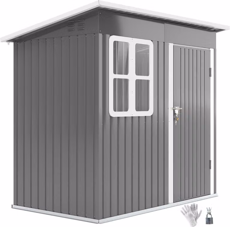 Casetta per attrezzi 2,55 m², casetta da giardino con tetto a falda, 221 x 133 x 190/173 cm, casetta per attrezzi con porta con serratura, finestra, garage per biciclette, armadio da giardino in acciaio, per cortile, giardino, grigio scuro