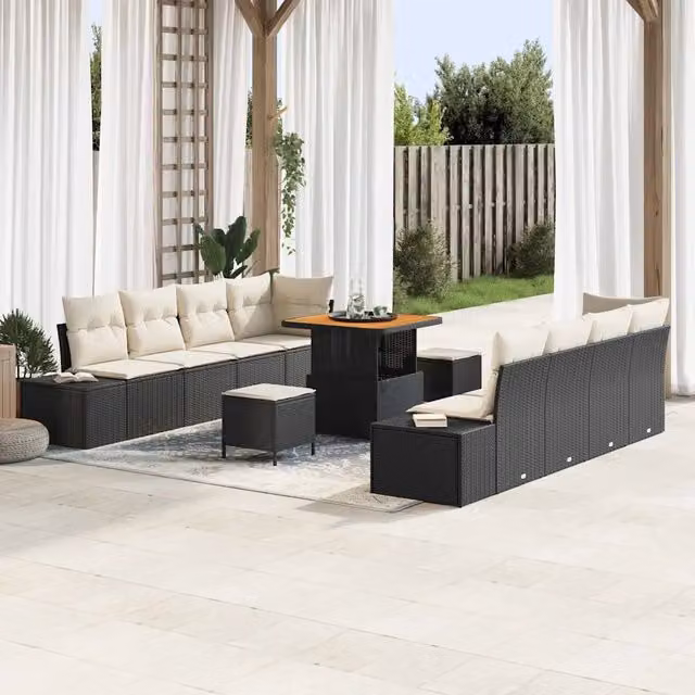 Set Divano da Giardino a Forma di U vidaXL Nero con Cuscini e Tavolino da Esterno in Rattan e Acciaio – 1