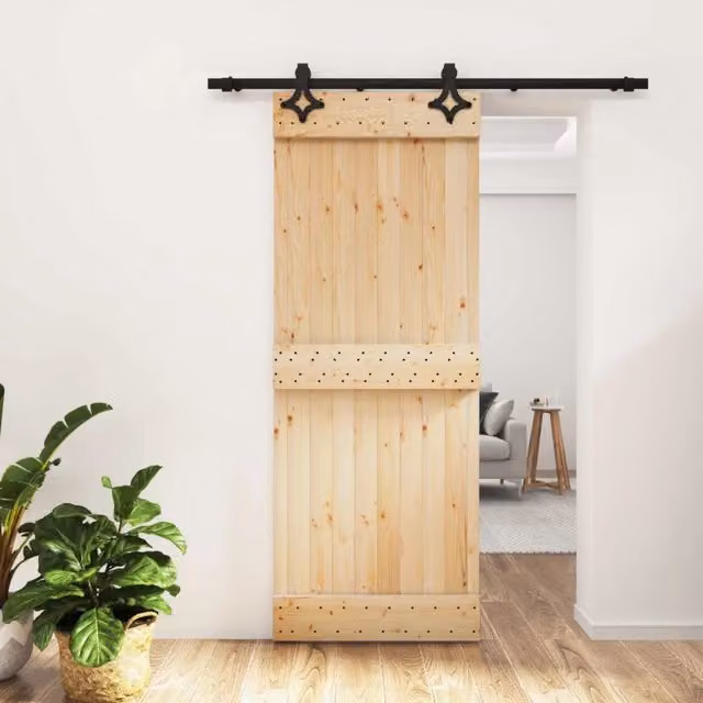 Porta scorrevole moderna vidaXL in legno e acciaio, colore marrone e nero, H: 210 cm, L: 183 cm, P: 16 cm