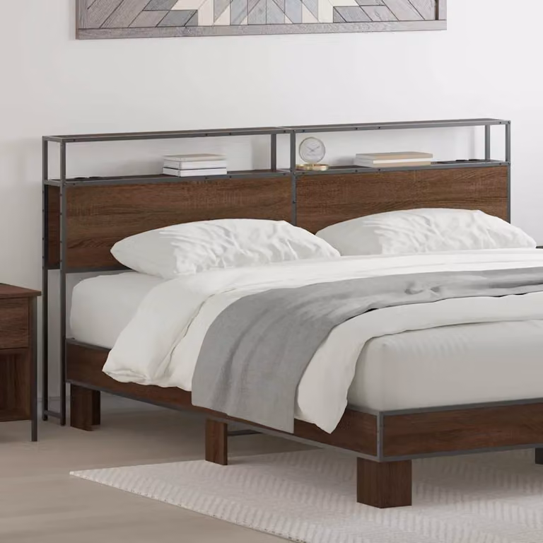 Testata del letto con contenitore vidaXL in legno e metallo marrone con ripiano integrato e porta di ricarica USB, L: 203,0 cm x H: 98,0 cm x P: 24,37 cm
