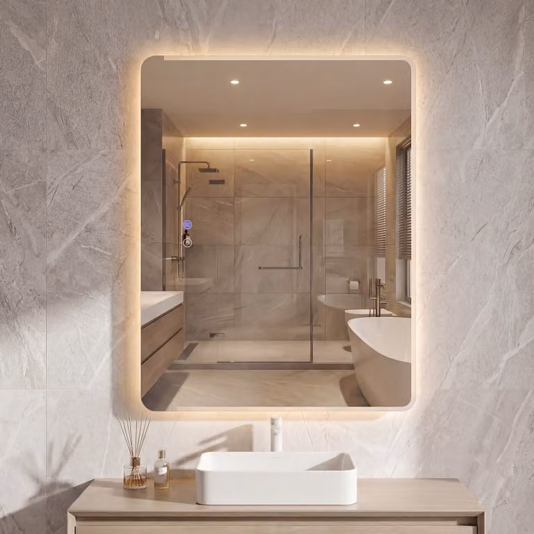 Specchio da bagno Costway con LED retroilluminato e funzione antiappannamento, vetro temperato anti-esplosione, dimmerabile, bianco, L: 80 cm, H: 60 cm