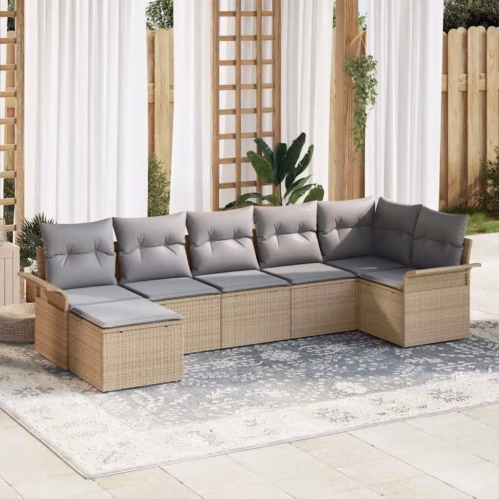 Set Divano da Giardino vidaXL 7 Pezzi in Polyrattan Beige con Cuscini e Tavolino da Esterno – 1