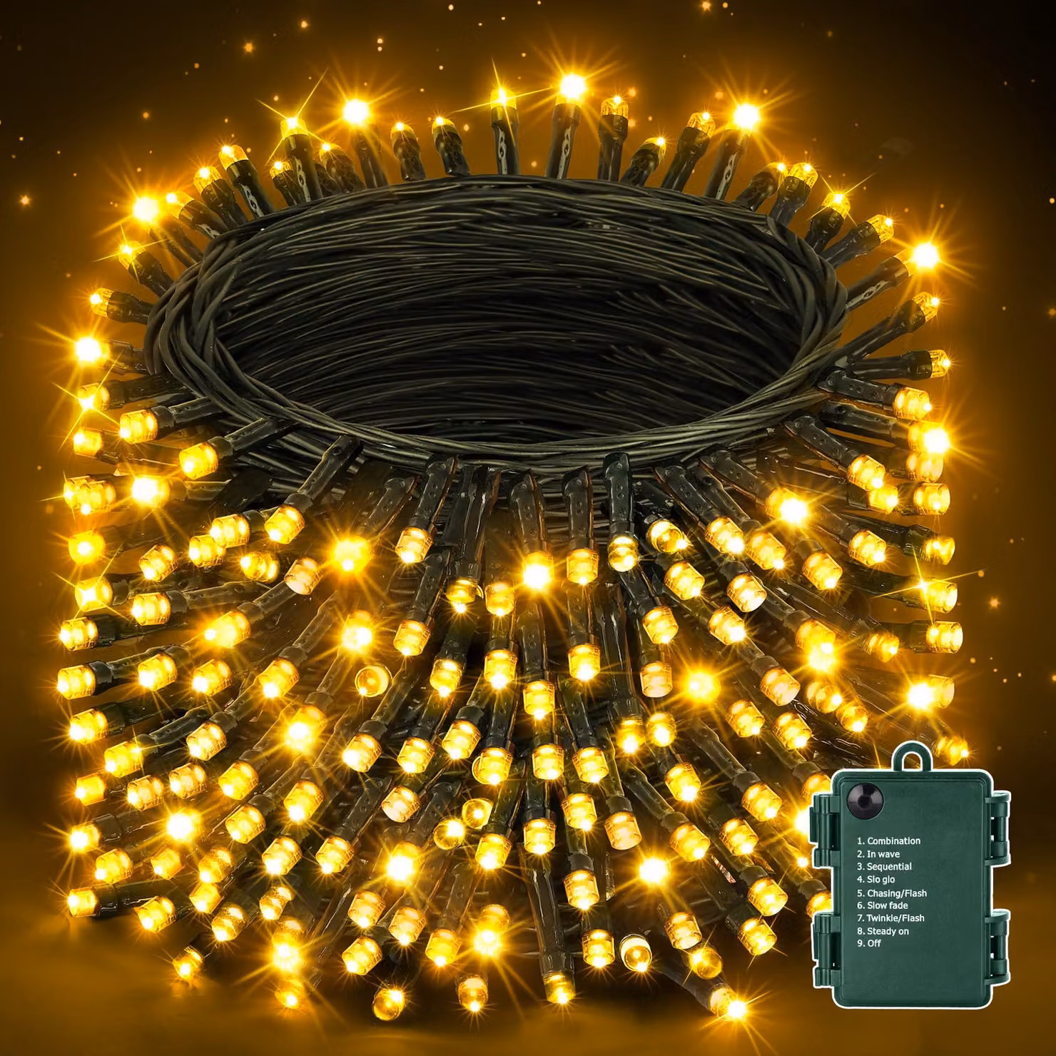 Catena luminosa con 200 LED, alimentata a batteria, 8 modalità, impermeabile, 20 metri