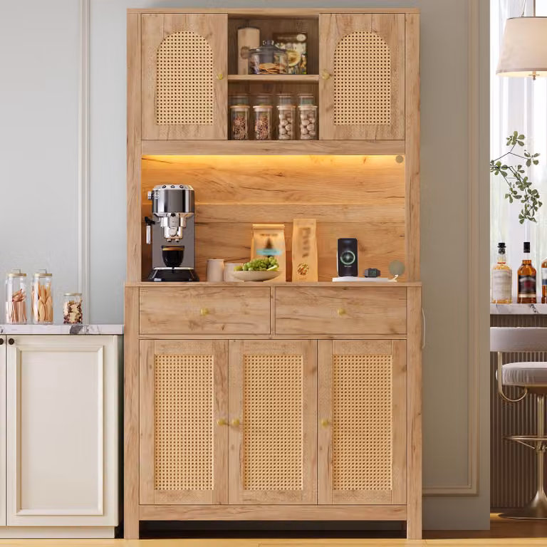 Armadio alto da cucina Merax con illuminazione a LED e prese di corrente, dispensa con 5 ante in rattan, scaffale da cucina con 2 cassetti, ripiani aperti, finitura naturale