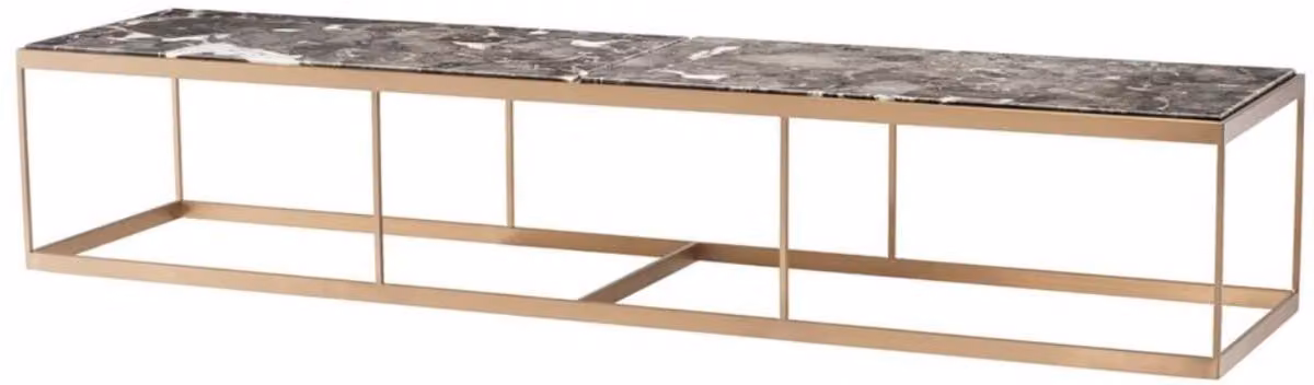 Tavolino Casa Padrino grigio/ottone 190 x 45 x h. 35 cm - Lussuoso tavolino da salotto in acciaio inox con piano in marmo