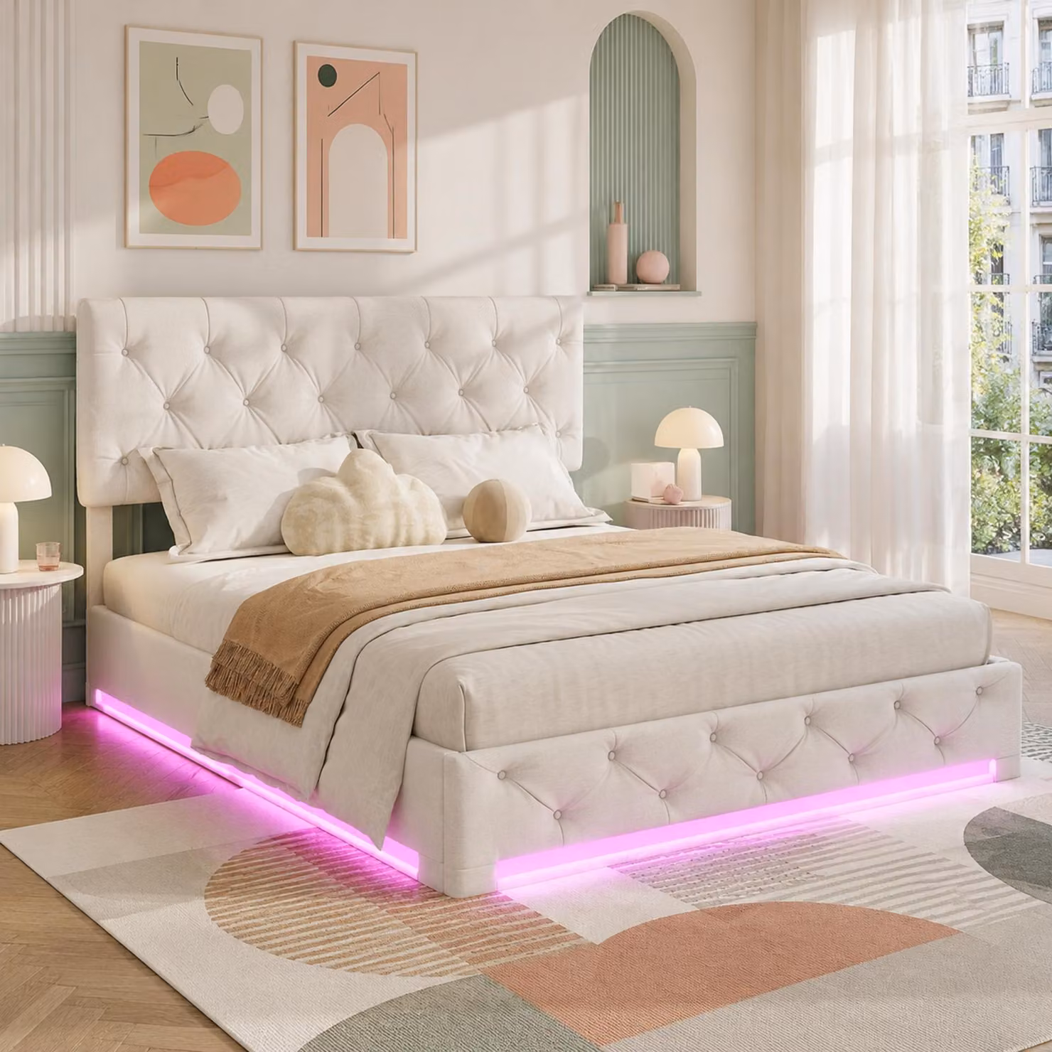 Letto matrimoniale con boxspring, imbottito, 160x200 cm, con illuminazione LED, dotato di sistema idraulico per l'apertura e vano contenitore, struttura letto per giovani con cassettone e rete a doghe, colore beige