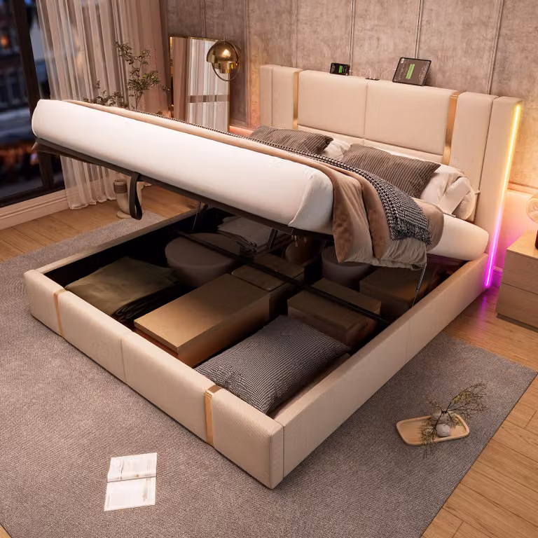 Letto imbottito idraulico Flieks 180x200cm con USB e tipo C, letto a molle insacchettate letto contenitore con LED, letto matrimoniale letto giovanile con rete a doghe, lino, beige