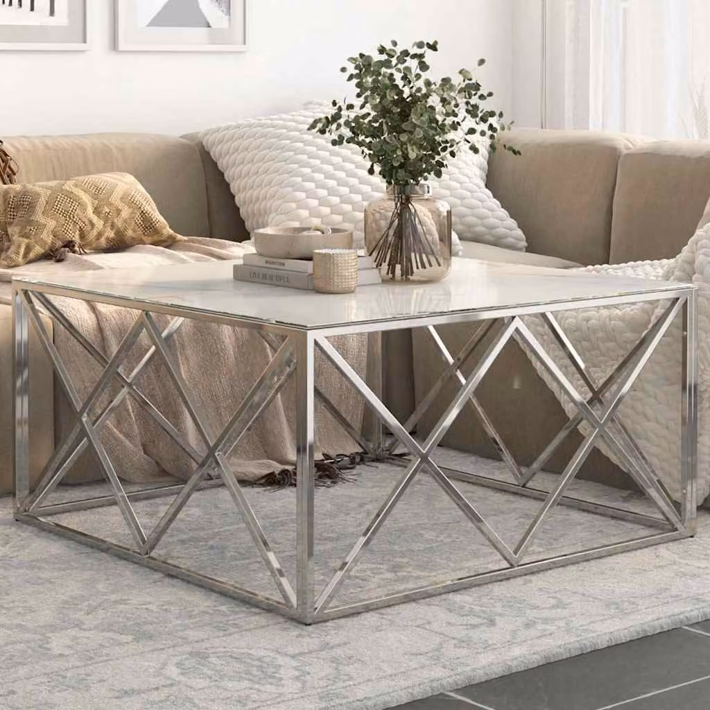 vidaXL Tavolino da Salotto Moderno Quadrato in Vetro Temperato Bianco e Acciaio Inossidabile Argento
