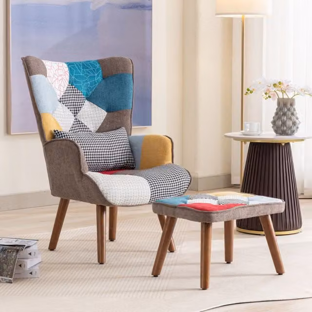Sedia relax Zephmum con poggiapiedi coordinato, design moderno con motivo astratto multicolore e braccioli