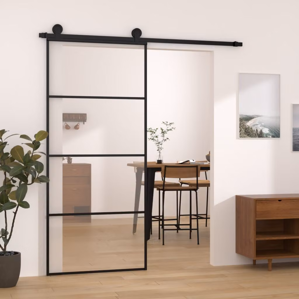 Porta Scorrevole vidaXL in Vetro ESG e Alluminio Nero con Ferramenta, L 90 cm x H 205 cm
