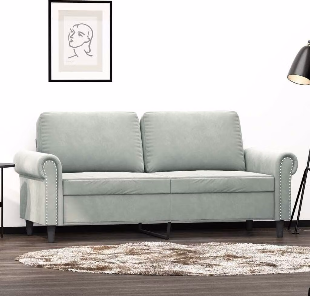 Divano a due posti, colore grigio chiaro, tessuto velluto, dimensioni 140 cm