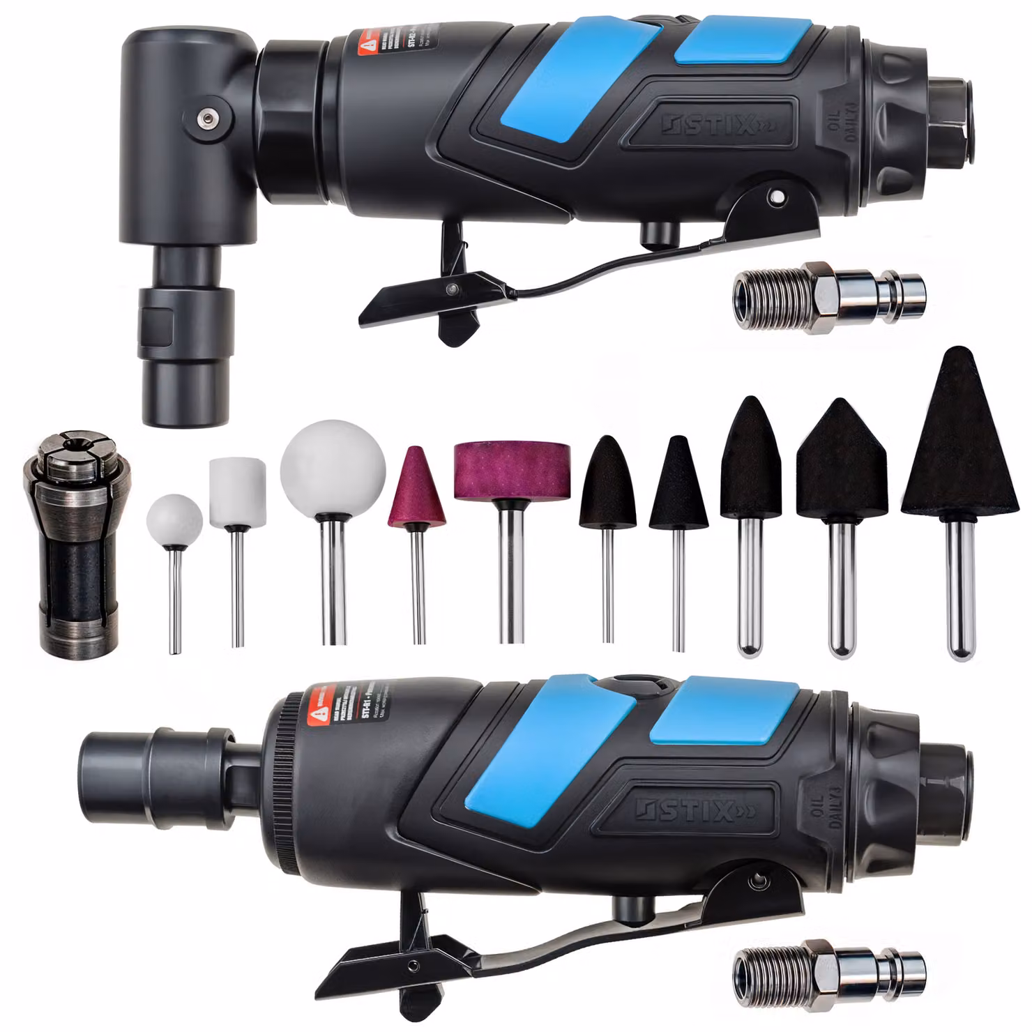 Smerigliatrice pneumatica per aste STIX + smerigliatrice angolare pneumatica STT-R1 + R2, set di accessori