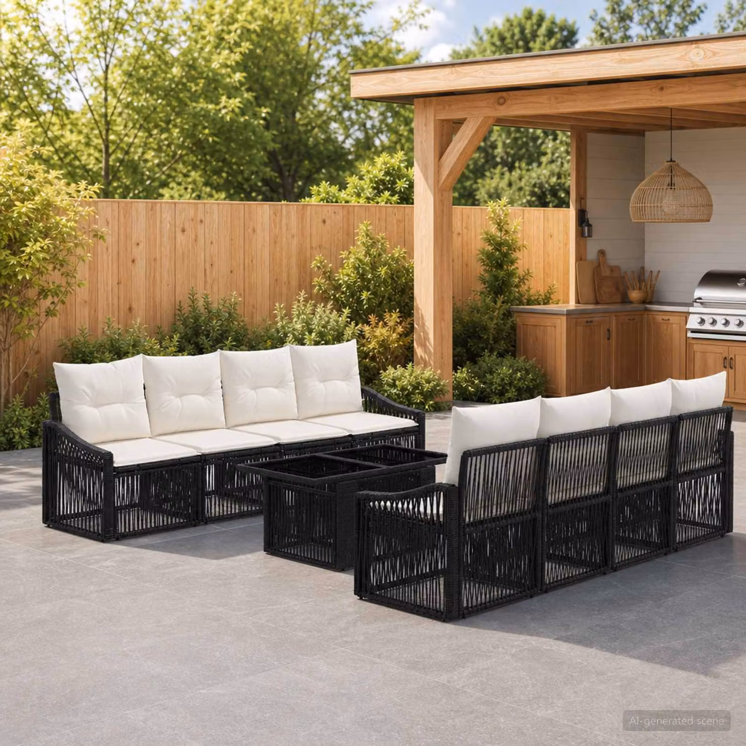Set Divano da Giardino vidaXL 9 pz in Polyrattan Nero e Bianco con Cuscini e Tavolino da Esterno