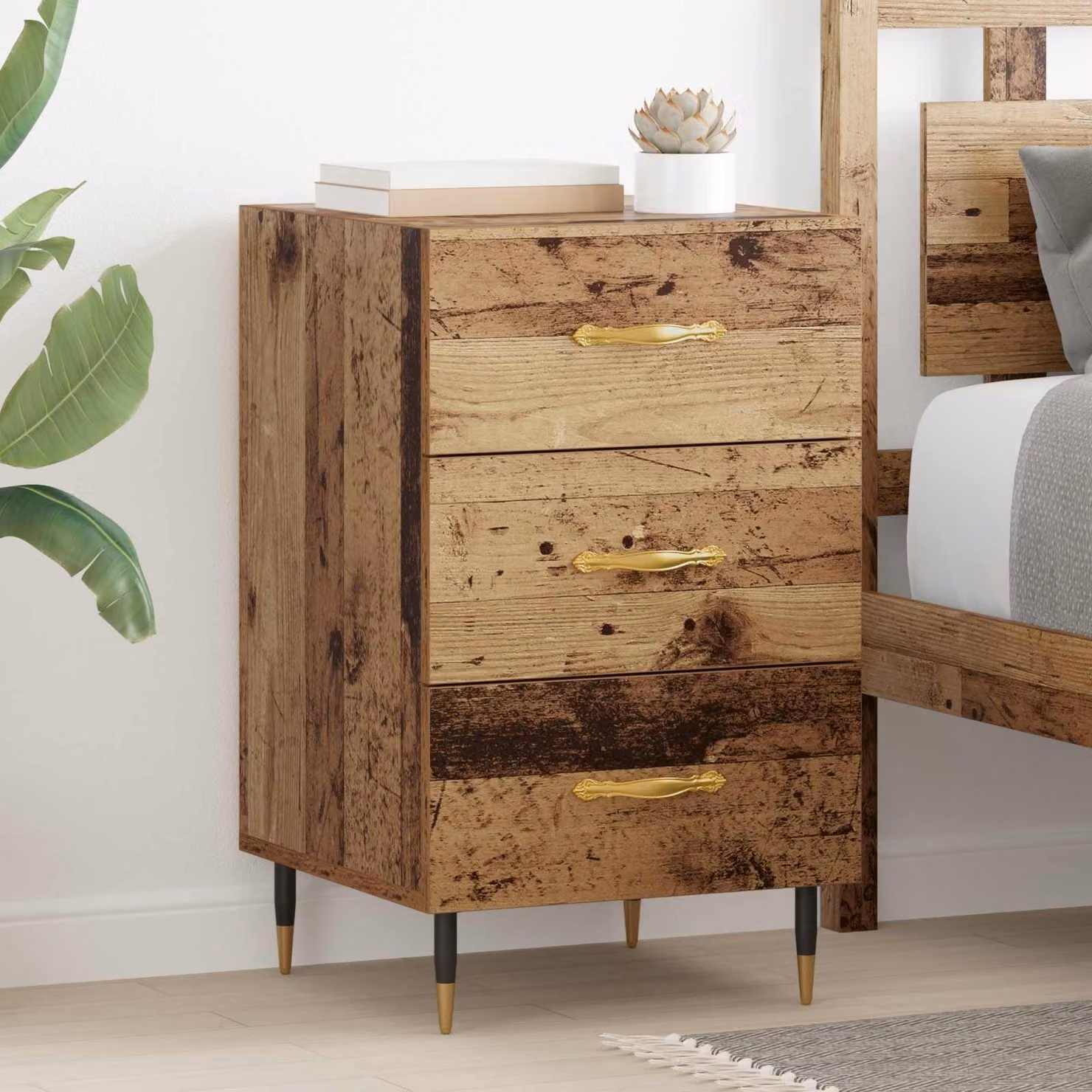 Armadio da notte vidaXL in legno vecchio e metallo, marrone e oro, L 40 cm x P 40 cm x H 66 cm