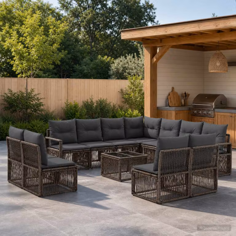 Set Divano da Giardino vidaXL 12 pz Grigio con Tavolino e Cuscini in Polyrattan e Metallo a Forma di U