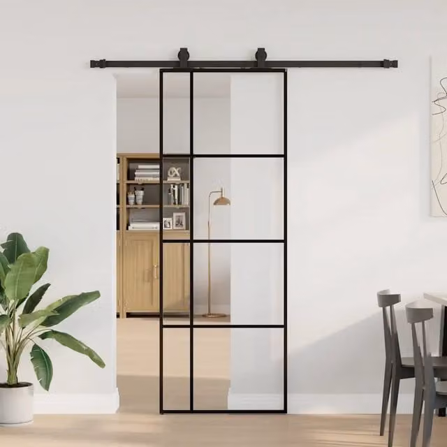 Porta Scorrevole Moderna vidaXL in Vetro Trasparente con Telaio in Alluminio e Ferramenta Nera L: 76 cm, H: 205 cm