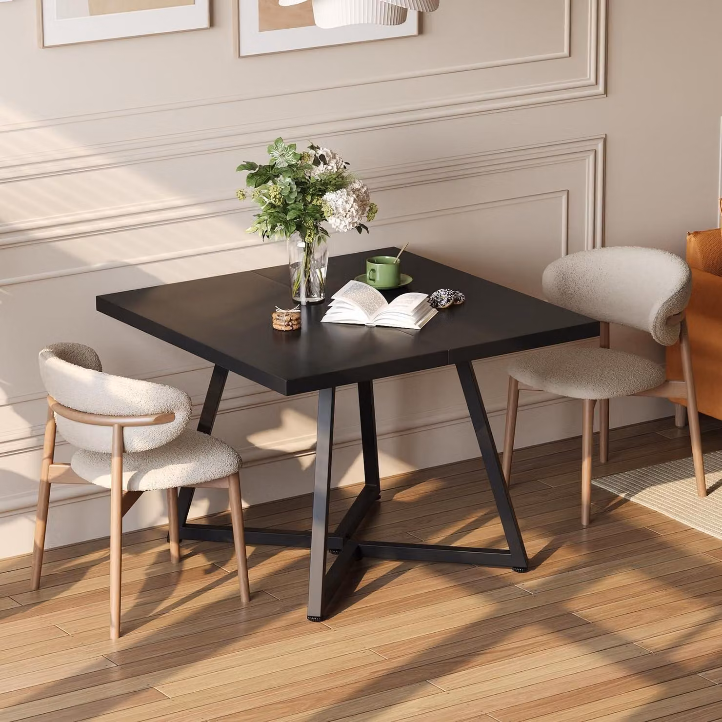 Tavolo da pranzo quadrato, 80x80 cm, aspetto legno, struttura in metallo nero, per 4 persone