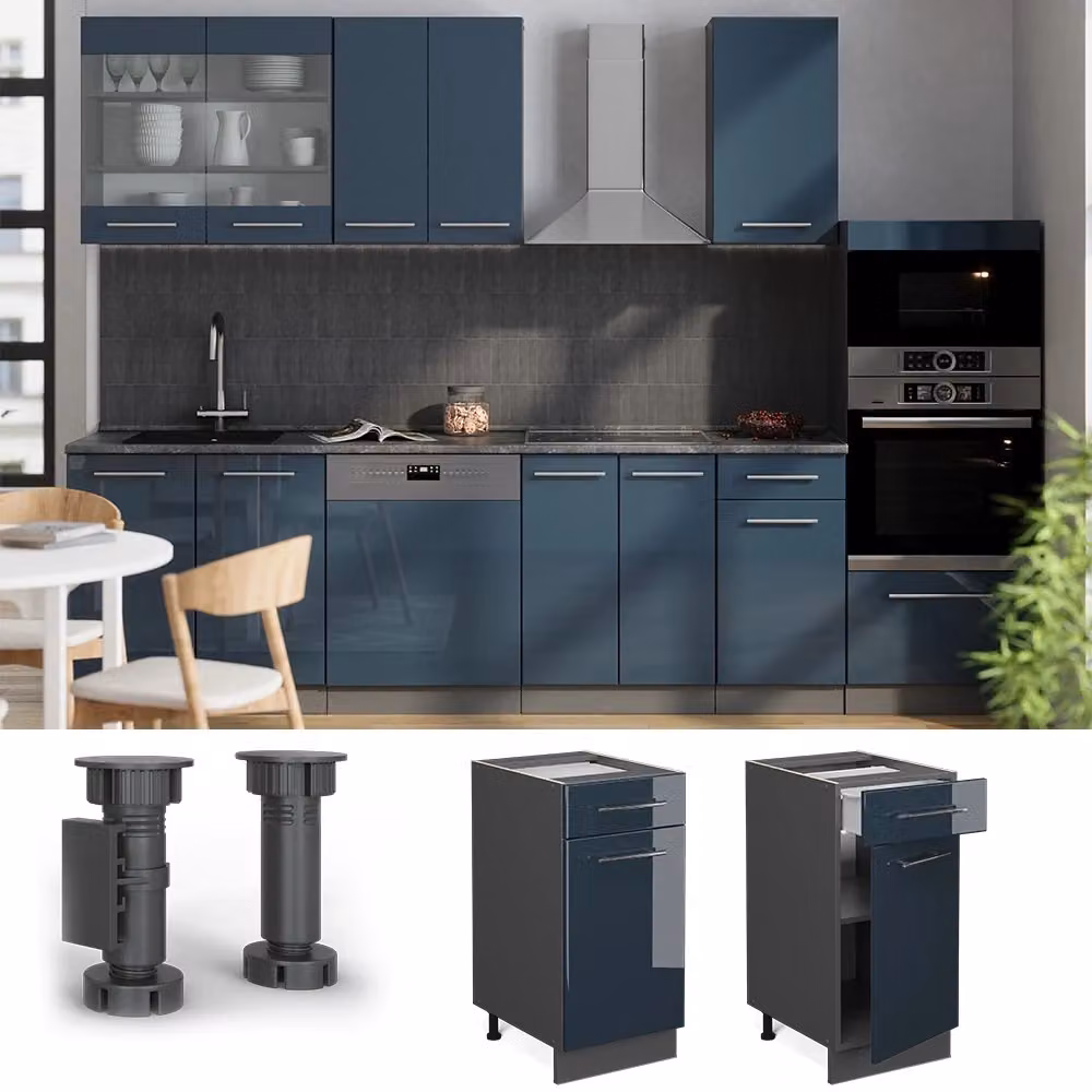 Mobiletto base per cucina Vicco Fame-Line Blu scuro lucido/Antracite con Rovere, L: 40 cm, H: 82 cm, P: 60 cm – 2