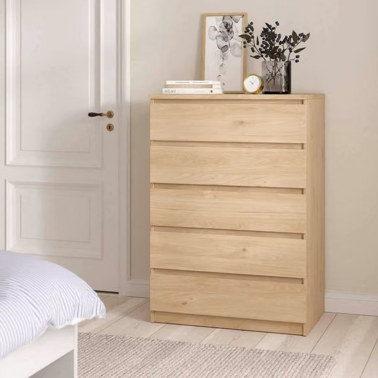 Dmora Cassettiera Ansel 50x77x111.3h cm Marrone Rovere, 5 Cassetti Apertura Scorrevole