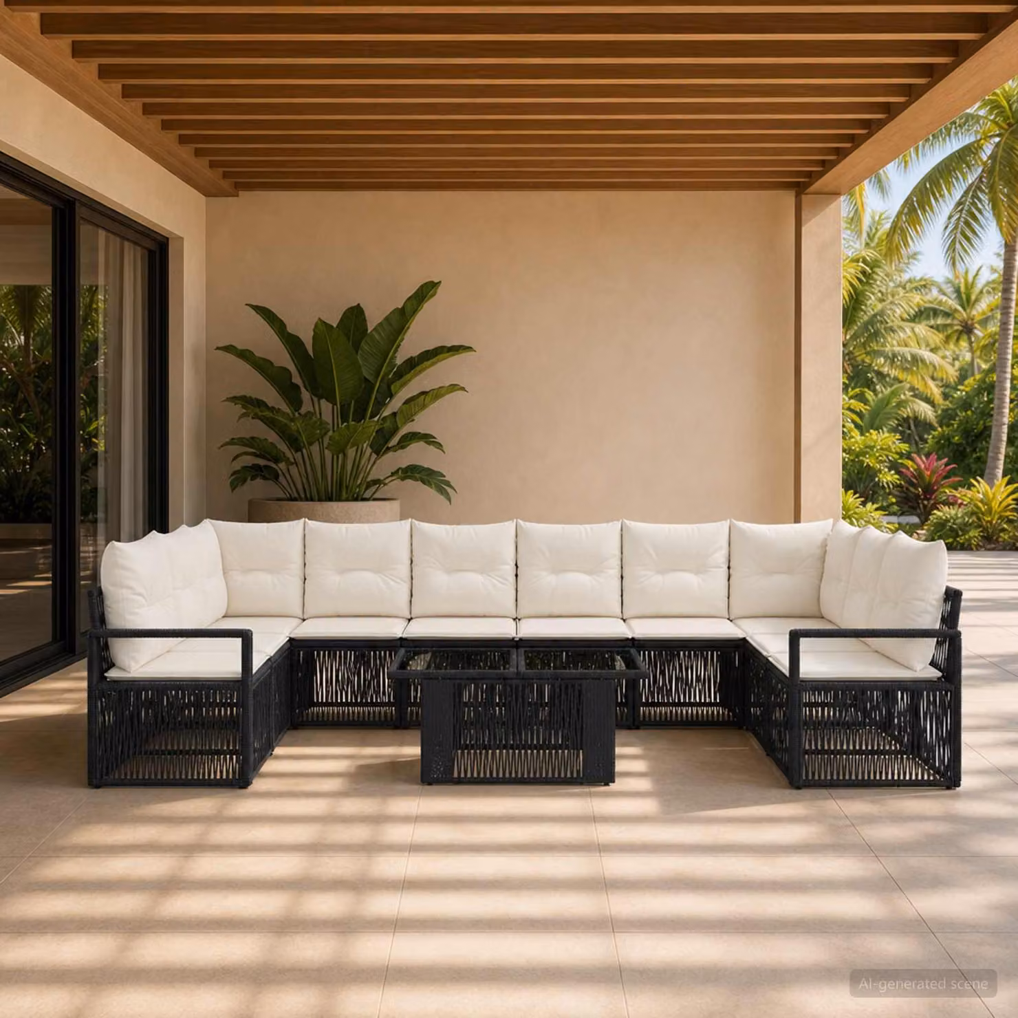 Set Divano da Giardino vidaXL 11 pz a forma a U con Tavolino, Colore Nero e Bianco Crema, in Polyrattan e Metallo con Cuscini Inclusi