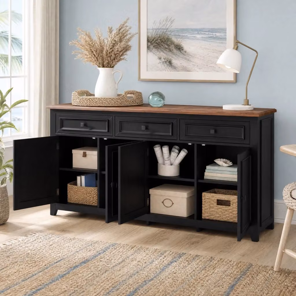 Madia moderna in MDF nero con 3 cassetti e 4 ante, L: 160 cm, P: 35 cm, H: 76 cm – 2