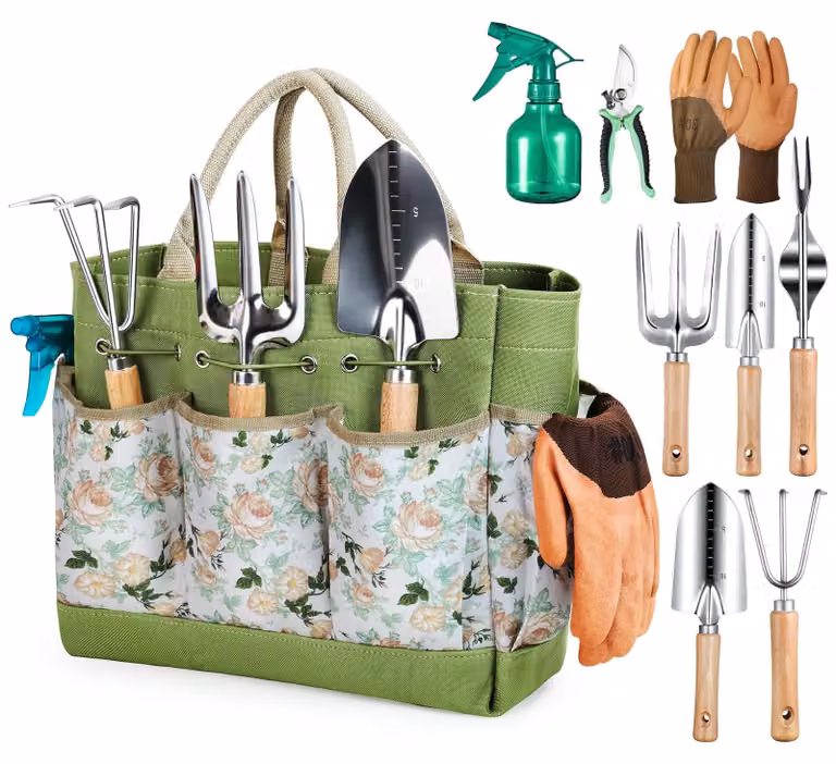 Set di attrezzi da giardino - 9 pezzi - Acciaio inossidabile - Con borsa per il trasporto