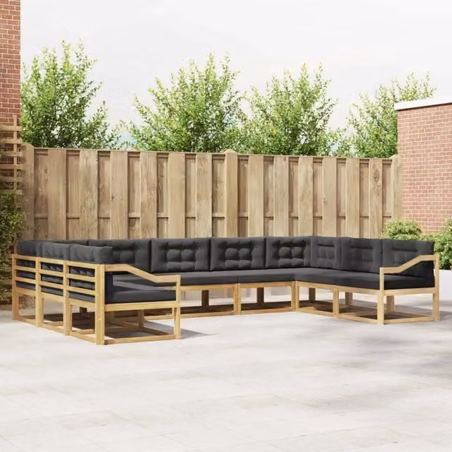 Set di divani da esterno a L vidaXL in legno di acacia con cuscini, Bianco e Antracite, 9 pezzi