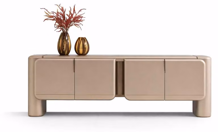 Mobile bar/credenza di design lussuosa, color beige, con finitura in metallo e dettagli dorati