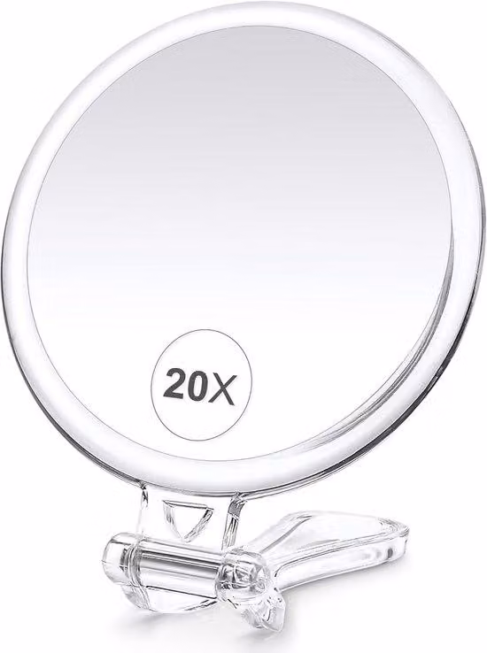 Specchio da mano con ingrandimento 20x - Specchio da viaggio e da trucco - Specchio da mano pieghevole con ingrandimento 20x/1x - Manico - Bianco