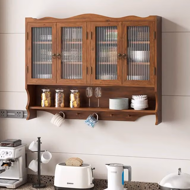 Armadietto 100x20x80 cm a 4 ante con ripiani removibili in legno e vetro marrone
