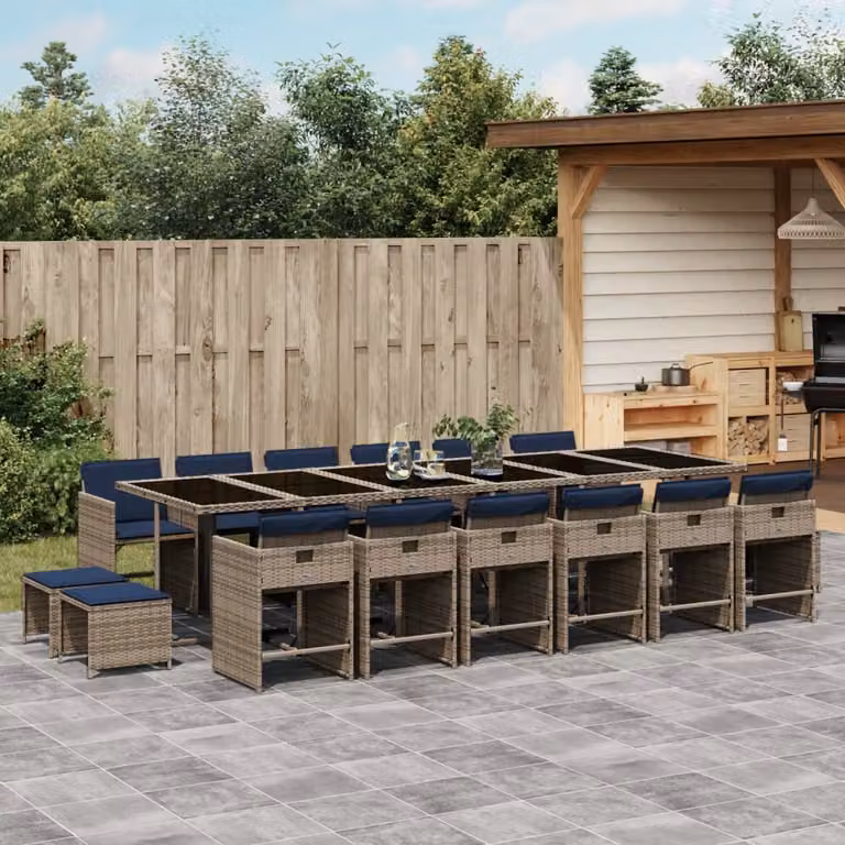 Set da pranzo da giardino vidaXL in polyrattan con cuscini e piano in vetro, 17 pezzi, Grigio
