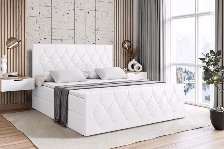 Letto boxspring ALTDECOR con materasso e rete a doghe - - VELANTO - 200x200 cm - Ecopelle bianca - Letto boxspring, pediera, topper, letto imbottito con contenitore, letto con contenitore H4 - Materasso, letto matrimoniale, letto boxspring