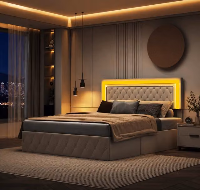 Letto matrimoniale 140x200cm velluto beige, LED RGB telecomandato, vano contenitivo idraulico