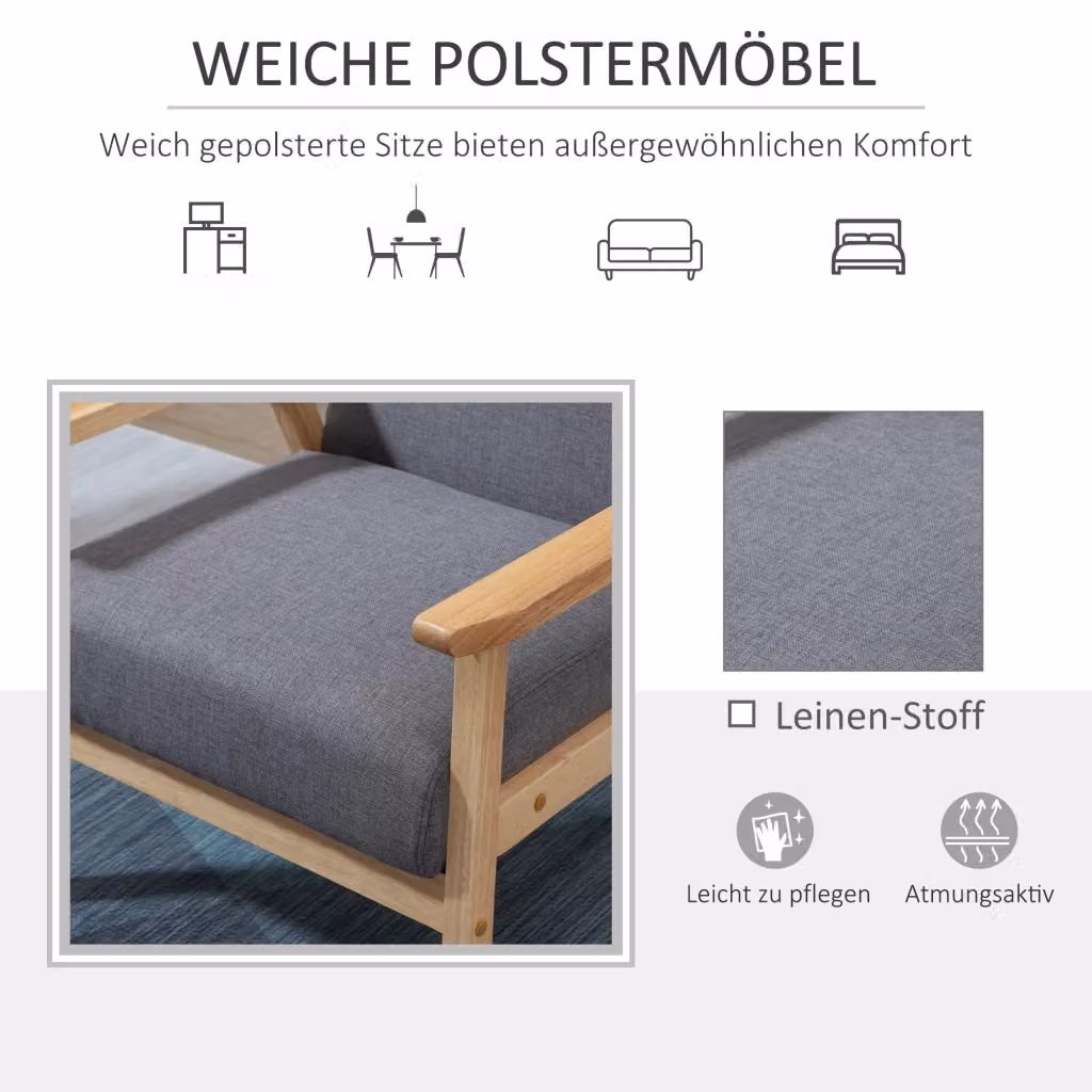 Poltrona con braccioli REDOM in lino grigio e struttura in legno massiccio L/P/H: 64 x 70 x 72 cm – 2