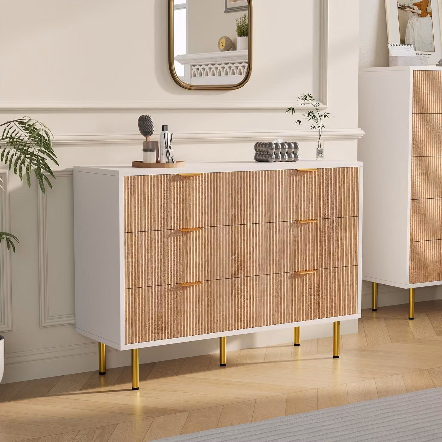 Comodino con 5 cassetti, mobiletto contenitore in legno, bianco e legno naturale, dimensioni 100 x 34 x 73 cm