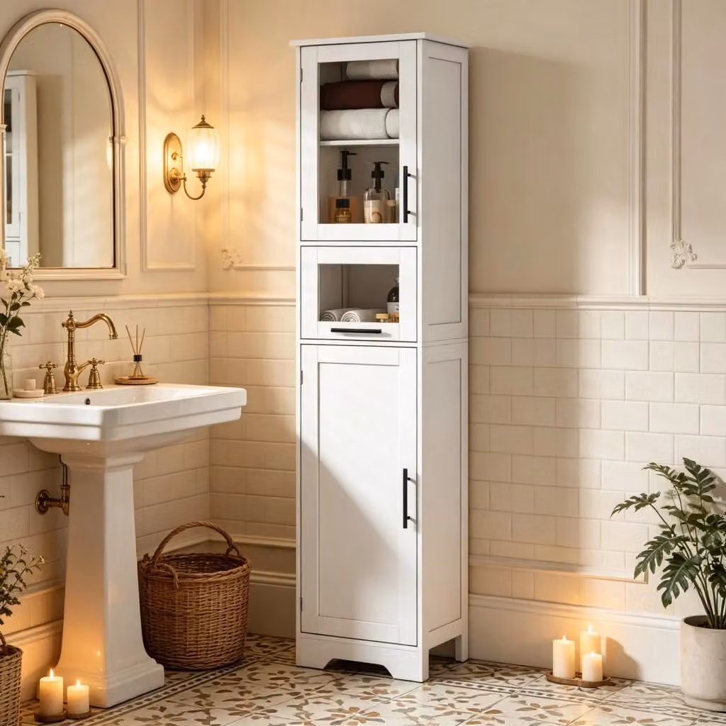 Mobile colonna da bagno freestanding WISHDOR con ante in vetro e ripiani interni, bianco, L: 40 cm, P: 31 cm, H: 170 cm – 2