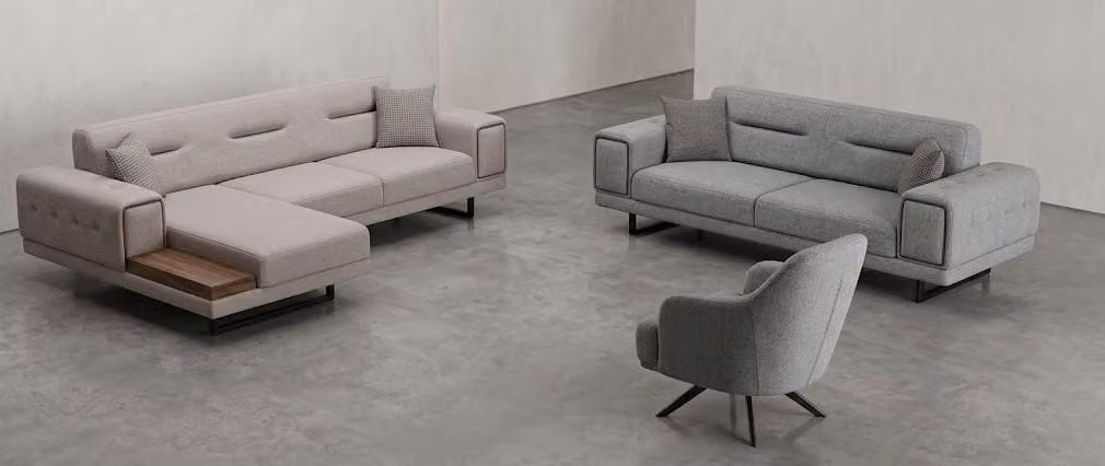 Divano angolare, poltrona, comodo, morbido, spazioso, elegante, color beige e grigio