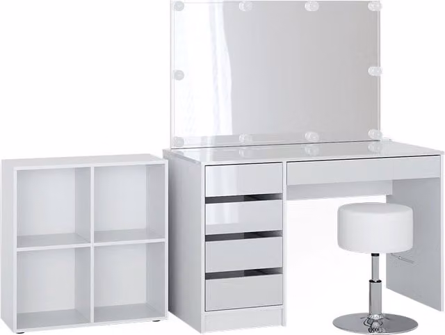 Tavolino da toilette Vicco Sherry Bianco con specchio LED, scaffale e sgabello, L: 120 cm