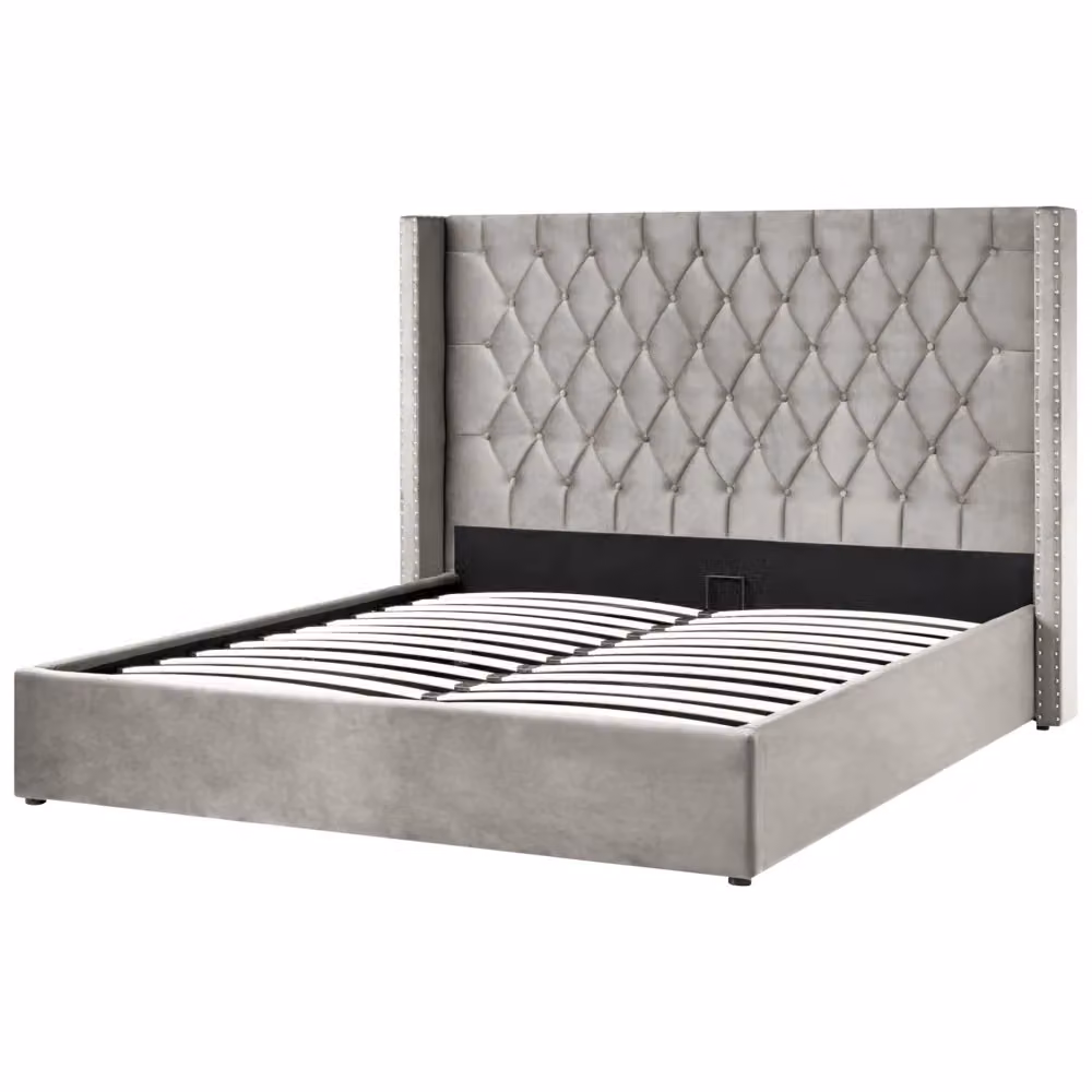Letto contenitore Beliani in velluto grigio chiaro e argento con base lift up, L/P: 180 x 200 cm – 2