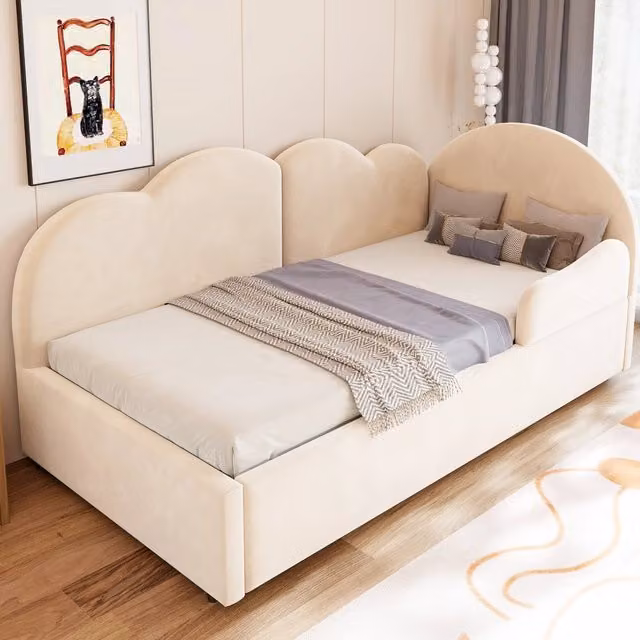 Divano letto imbottito 90x200 cm estensibile in velluto beige