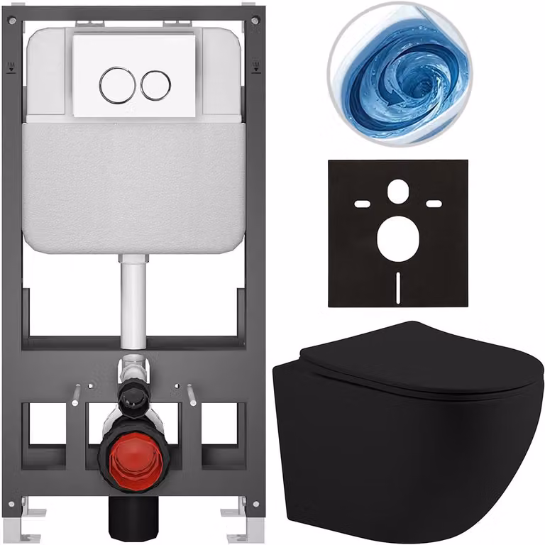 CERANO - Set WC da incasso Cesso - nero opaco - pulsante Prime/Dualo, bianco - a pavimento - installazione pre-parete/cartongesso - 49x36 cm