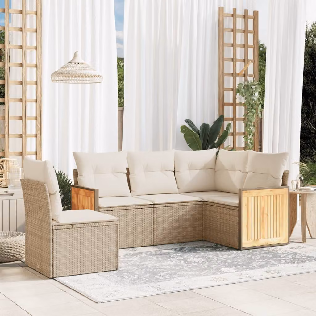 vidaXL Set Divano da Giardino a L 5 pz con Cuscini Beige e Struttura in Acciaio e Legno di Acacia – 1