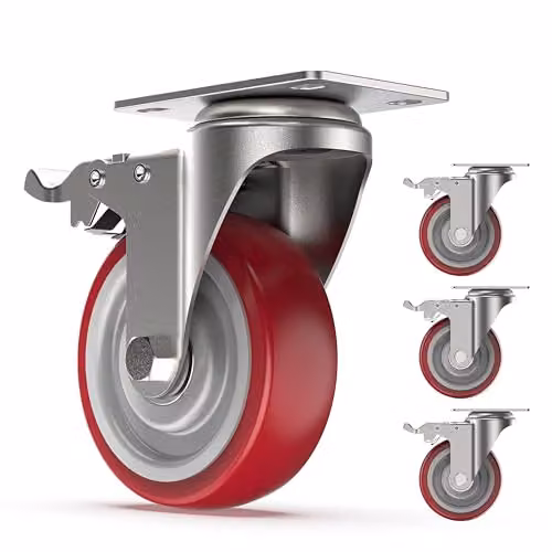 COOCHEER Set of 4 100 mm Ruote girevoli, Ruote Orientabili con Freno Rotelle per Letto e Mobili, Capacità di carico massima 400KG, Rosso