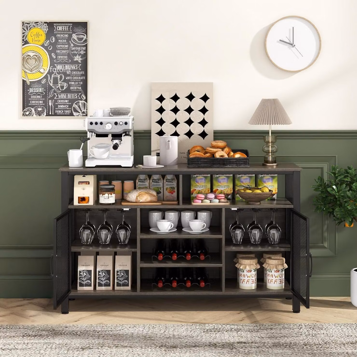 Credenza COSTWAY, mobile da cucina con 2 ante in rete metallica, scomparti aperti, portabottiglie e portabicchieri da vino, mobile contenitore 140 x 40 x 82,5 cm Grigio