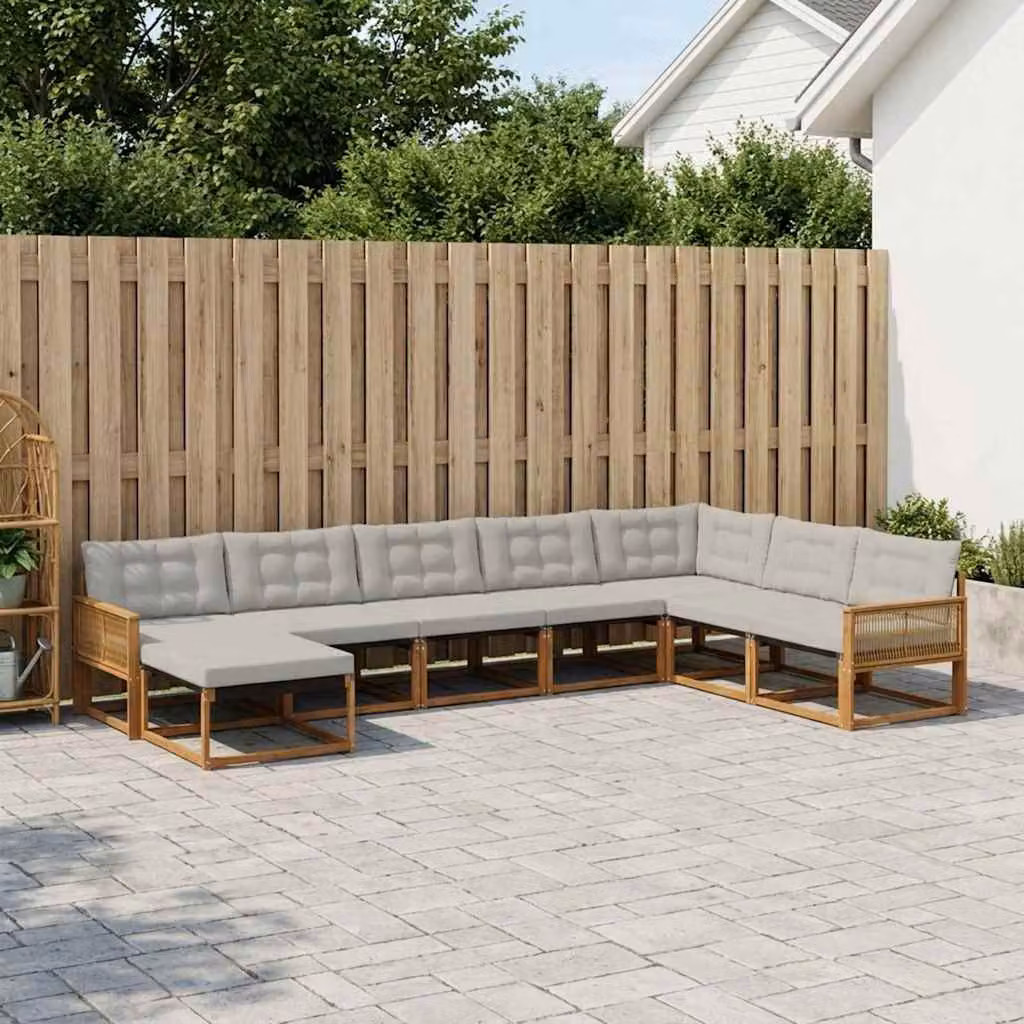 Set di divani da esterno vidaXL 8 pz in legno di acacia con cuscini e pouf, L-shape, Beige, Grigio e Marrone